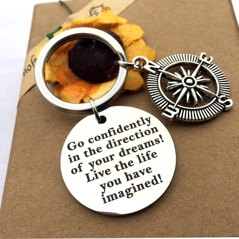 Stainless Steel Inspirational Keychain Necklace Compass Dream Quote Graduation Gift 2025 2026 For Students Teachers Jewelry