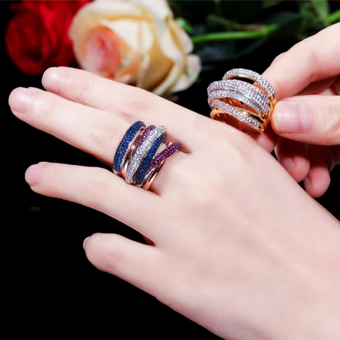 Luxury Copper Zirconia Multi-layer Cross Ring Colorful AAA Zircon Inlaid Western Style Finger Ring For Women Fashion Jewelry
