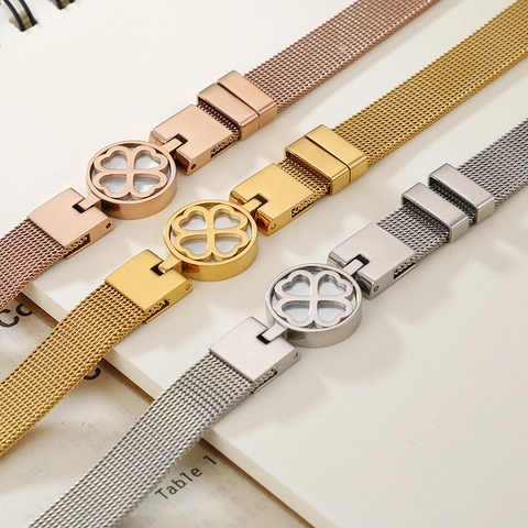 Four Leaf Clover Mesh Band Bracelet Stainless Steel Shell Inlay Adjustable Watch Strap Style Jewelry For Women Lucky Elegant