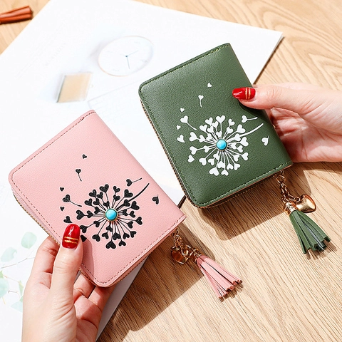 Women Short Wallet PU Leather Zipper Purse With Tassel Dandelion Pattern Heart Decor Multiple Card Slots Small Handbag