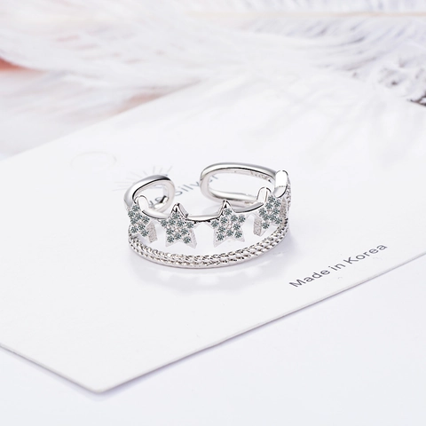 Korean Double Layer Star Open Ring Copper Silver Plated Rhinestone Inlaid Adjustable Star Ring For Women Minimalist Jewelry