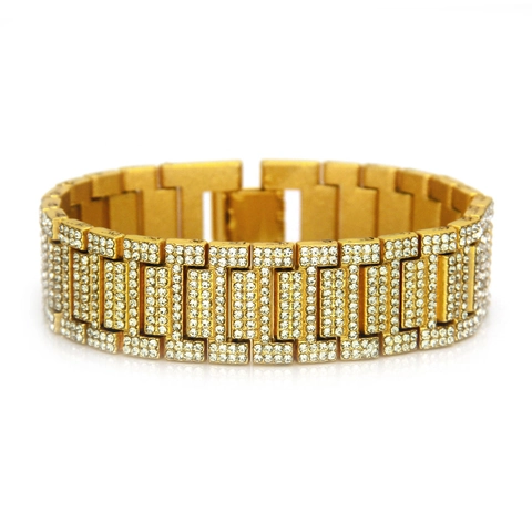 Hip Hop Iced Out Men Bracelet Watchband Style Wide Alloy Rhinestone Punk Rap Jewelry