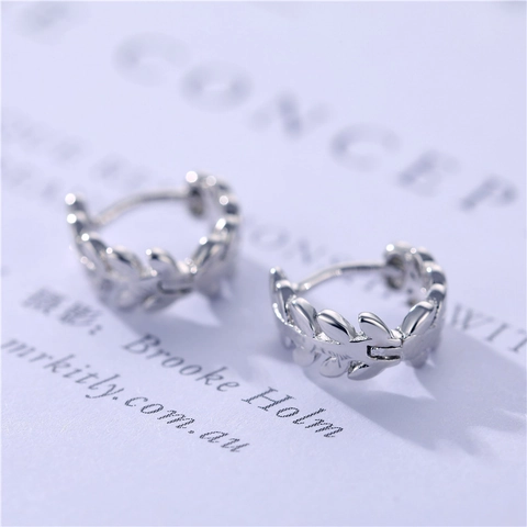 Natur Olivenzweig Blatt Huggie Hoop Ohrringe Kupfer Vergoldet Mit Silver Earring Post Zirkon Für Damen