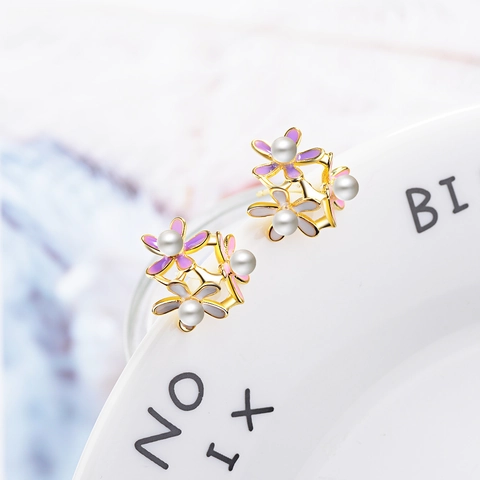Sweet Colorful Flower Stud Earrings With Artificial Pearl Copper Gold Plated Enamel Floral Earring Jewelry For Women Girls Gift