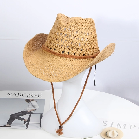 Cappello Da Cowboy In Paglia Traspirante Intrecciato Cavo Protezione Solare Tesa Larga Spiaggia Jazz Fedora Con Corda Antivento Unisex Retrò