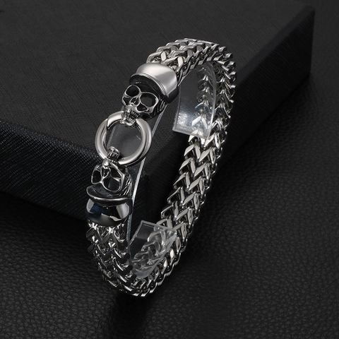 Pulsera De Calavera De Acero Inoxidable Para Hombre Punk Biker Gótico Doble Fila Cadena Franco Joyería Rock