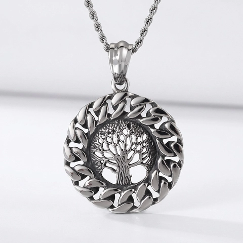 Vintage Tree Of Life Round Pendant Hollow Out Stainless Steel Gothic Punk Jewelry Accessory For Men Women Gift