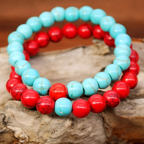 Beaded Bracelet Natural Stone Turquoise Elastic Cord Handmade Marble Texture Couple Jewelry Gift Unisex Minimalist Fashion