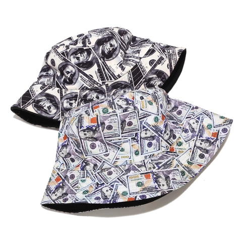 Reversible Bucket Hat Dollar Bill Graffiti Print Cotton Canvas Sun Protection Foldable Streetwear Unisex Outdoor