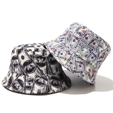 Reversible Bucket Hat Dollar Bill Graffiti Print Cotton Canvas Sun Protection Foldable Streetwear Unisex Outdoor