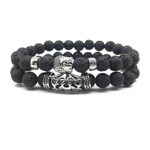Buddha Head Beaded Bracelet And Hollow Carved Tube Bracelet Natural Stone Lava Tiger Eye Ethnic Vintage Zen Style Stretch Wear