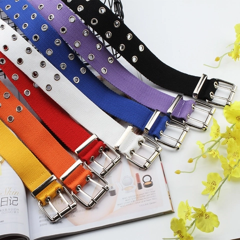 Cintura In Tela Occhielli A Doppia Fila Moda Streetwear Punk Fibbia A Doppio Ardiglione Cinturino Regolabile Per Jeans
