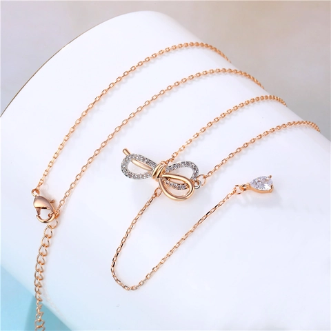 Elegant Bowknot Pendant Necklace Rose Gold Plated Zircon Tassel Water Drop Adjustable Chain Women Fashion Jewelry