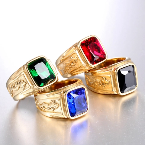 Vintage Dragon Signet Ring Men Titanium Stainless Steel Square Colorful Gemstone Punk Hip Hop Jewelry