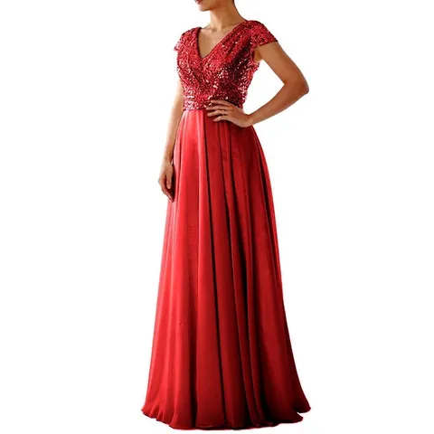 Women's Elegant V-Neck Short Sleeve Sequin Patchwork Chiffon Long Dress Formal Evening Party Maxi Dress