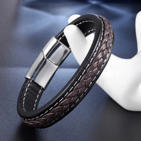 Handgemachtes Geflochtenes Lederarmband Mit Magnetschnalle Aus Edelstahl Unisex Casual Fashion Mehrlagiger Schmuck