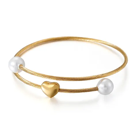 Brazalete De Corazón De Acero Inoxidable 316L Cable Trenzado Pulsera De Puño Abierto Con Perlas Artificiales De Concha Joyería Elegante Para Mujer