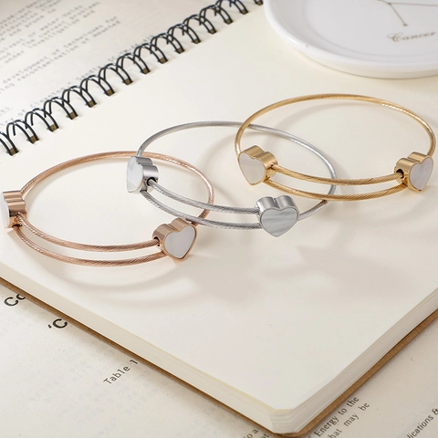 Minimalist Titanium Steel Heart Shell Inlaid Open Bangle Bracelet Gold Rose Gold Silver Twisted Wire Jewelry For Women Gift