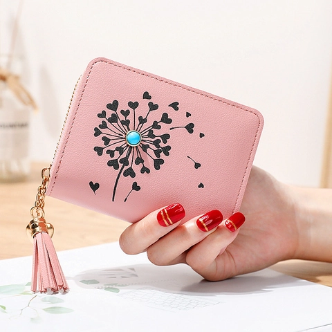 Women Short Wallet PU Leather Zipper Purse With Tassel Dandelion Pattern Heart Decor Multiple Card Slots Small Handbag