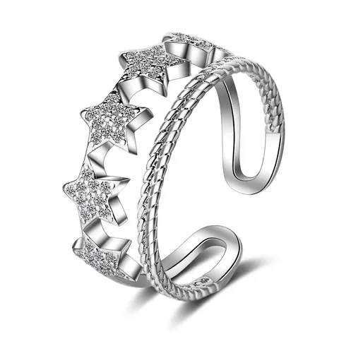 Korean Double Layer Star Open Ring Copper Silver Plated Rhinestone Inlaid Adjustable Star Ring For Women Minimalist Jewelry