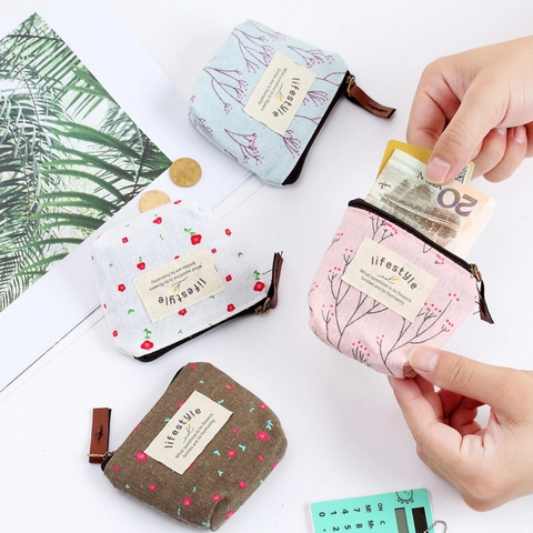 Mini Coin Purse Canvas Floral Print Zipper Wallet Small Pouch With Leather Puller For Women Girls