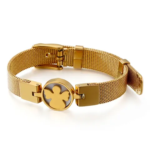 Pulsera De Malla Acero Inoxidable Nácar Colgante Ángel Ajustable Estilo Reloj Joyería Para Mujeres