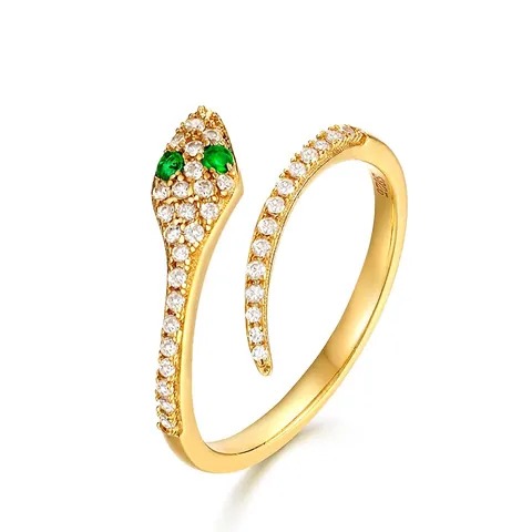 925 Sterling Silver Gold Plated Snake Open Ring Japanese Light Luxury Green Zirconia Eyes Adjustable Serpent Finger Ring For Women