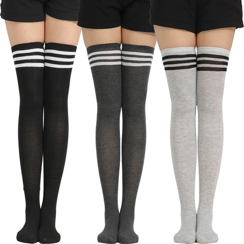 Women Thigh High Socks Over Knee Triple Stripe Knit Polyester Spandex Solid Color Japanese School Style Cosplay