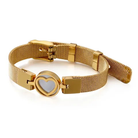 Bracciale In Maglia Di Acciaio Inossidabile Con Madreperla A Cuore Fibbia Regolabile Stile Milanese Gioielli Per Donna