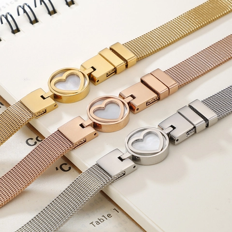 Bracciale In Maglia Di Acciaio Inossidabile Con Madreperla A Cuore Fibbia Regolabile Stile Milanese Gioielli Per Donna