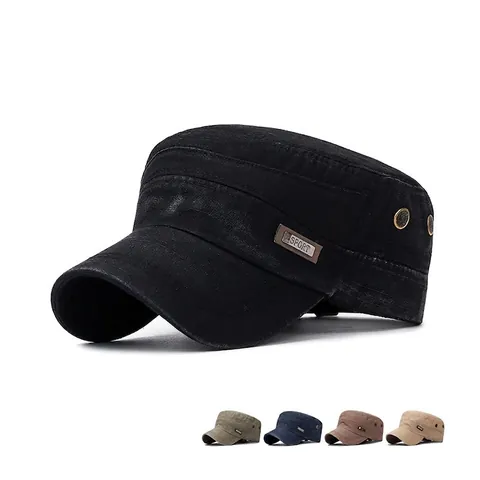 Vintage Washed Cotton Cadet Cap Men Adjustable Breathable Flat Top Military Hat Outdoor Sun Protection Casual Retro Style