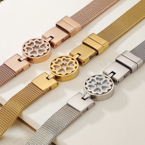 Bracciale A Maglia Stile Cinturino Orologio Forma Di Cuore Intarsio Di Conchiglia Acciaio Inossidabile 316L Gioielli Per Donna
