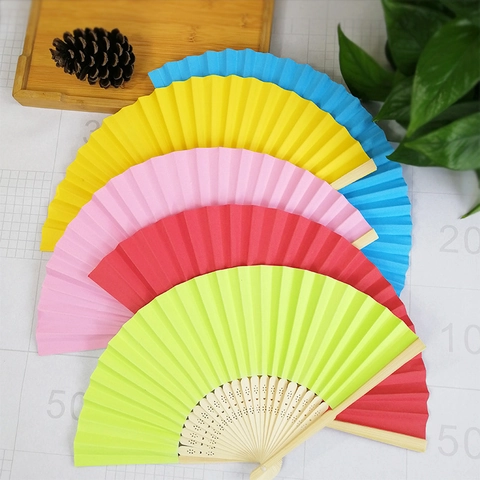 Handheld Folding Fan With Bamboo Wood Ribs And Plain Paper Surface Solid Color DIY Craft Wedding Party Decor