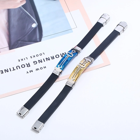Men's Stainless Steel Silicone Bracelet Cross Pattern Hollow Punk Casual Jewelry Bangle With Fold-over Clasp