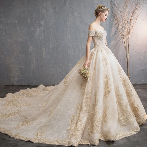 Luxury Off Shoulder Wedding Dress Champagne Lace Embroidery Bridal Ball Gown With Long Train Artificial Pearls Sequins