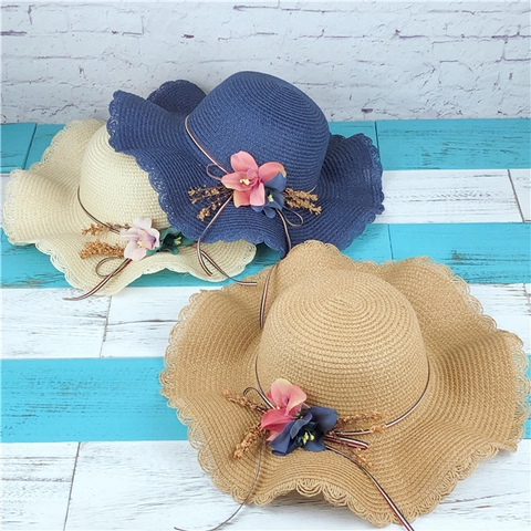 Straw Sun Hat Women Kids Wide Brim Wavy Edge Floral Bow Foldable Summer Beach Breathable Vacation Hat
