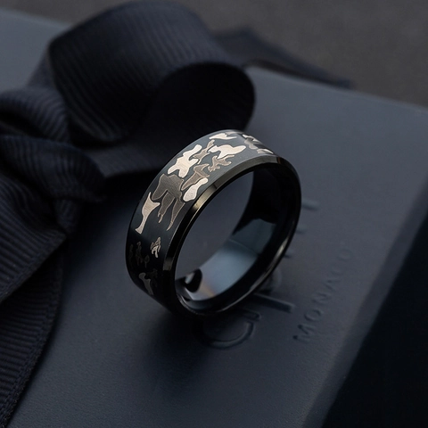 Stainless Steel Camouflage Band Ring For Men Women Black Electroplated Military Style Punk Fashion Finger Ring Jewelry