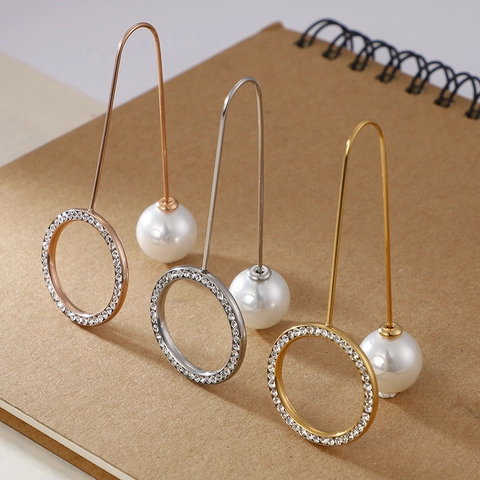 Pendientes Gancho Largo Acero Inoxidable Círculo Diamantes Con Perla Artificial Concha Joyería Moda Mujeres Estilo Geométrico