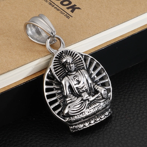 Buddha Pendant Necklace Retro 316L Stainless Steel Religious Sakyamuni Hollow Out Vintage Jewelry For Men