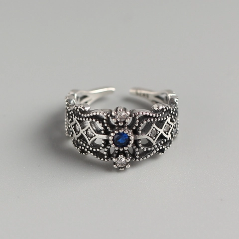 Retro Hollow Blue Stone Adjustable Open Ring 925 Sterling Silver Vintage Jewelry For Women Elegant Geometric