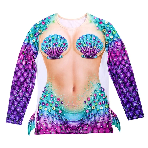 Camiseta De Manga Larga Con Estampado De Sirena Disfraz De Cosplay Concha Perla Artificial Escama Cuello Redondo Elástica Fiesta Halloween