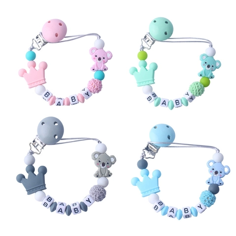 Baby Pacifier Clip Silicone Koala Crown Beads Crocheted Cotton Wood Teether Chain Anti-Drop Soother Strap Toy