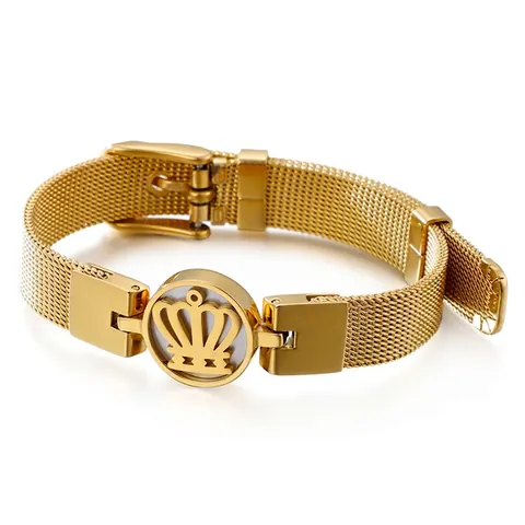 Pulsera De Corona De Acero Inoxidable Para Mujer Vintage Correa De Malla Milanesa Ajustable Con Incrustación De Concha