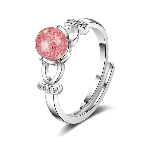Verstellbarer Ring Mit Rosa Erdbeerquarz Rundperle Mit Zirkonia Offener Fingerring Für Damen