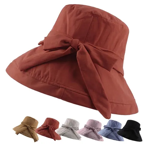 Women Summer Wide Brim Bucket Hat Cotton Polyester Foldable Sun Hat With Bow Tie Knot For Outdoor Beach Travel Casual