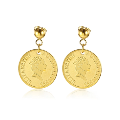 Vintage Elizabeth II Portrait Coin Drop Earrings Stainless Steel 18K Gold Plated Retro Round Medallion Dangle Earrings For Women Jewelry