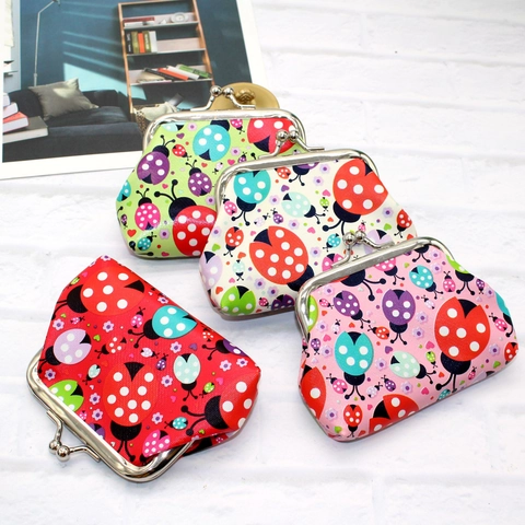 Mini Coin Purse PU Leather Cartoon Ladybug Print Metal Kiss Lock Retro Portable Wallet For Kids Students Girls Gift