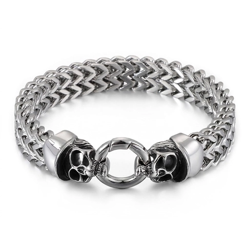 Pulsera De Calavera De Acero Inoxidable Para Hombre Punk Biker Gótico Doble Fila Cadena Franco Joyería Rock