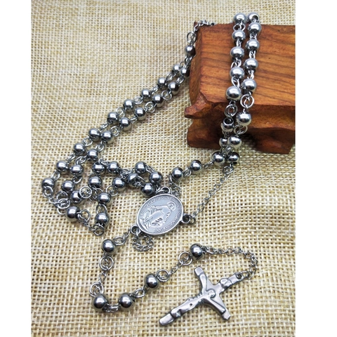 Stainless Steel 6mm Beads Rosary Necklace For Women Men Gold Silver Catholic Religious Cross St. Benedict Medal Necklace