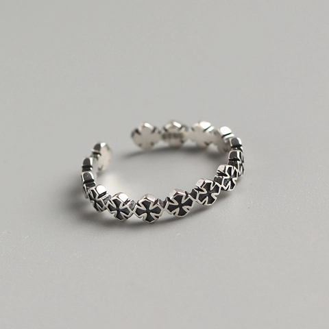 Vintage S925 Sterling Silver Cross Adjustable Ring For Women Retro Gothic Style Open Band Hipster Jewelry